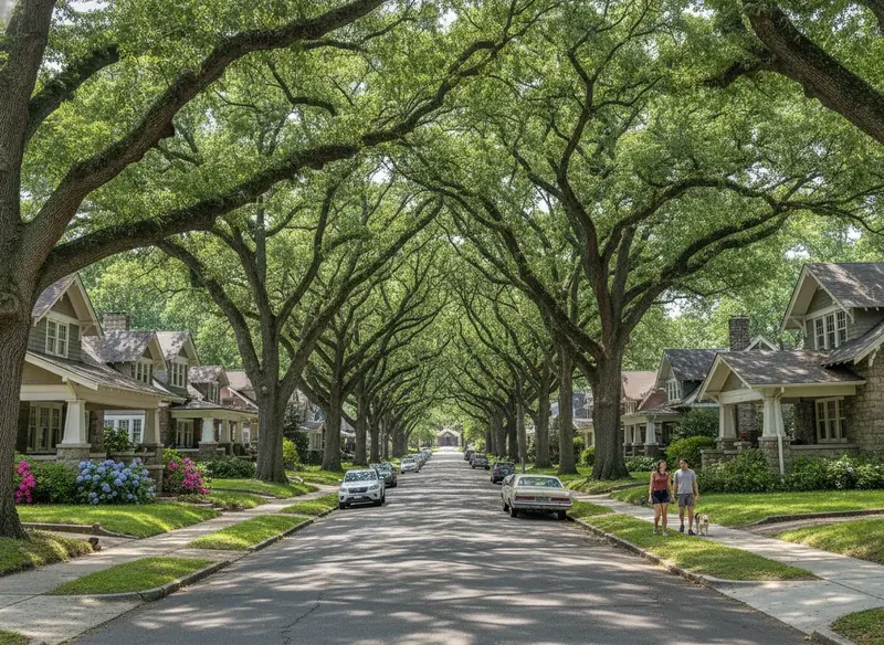 Willow oaks arching over a Durham neighborhood street