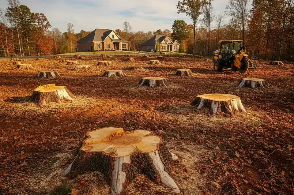 Several pine stumps in a cleared lot