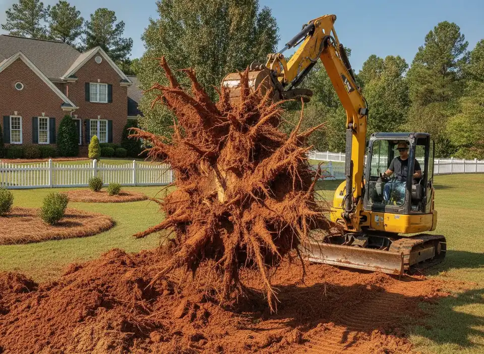 Excavator pulling a stump and roots out of red clay
