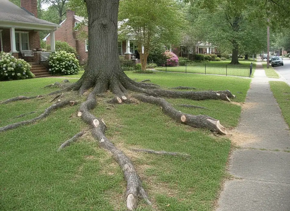Surface roots of an oak across a lawn